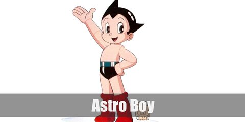  Astro Boy’s costume is a flesh full body suit, a square-leg black swim trunks, knee high red boots, and a wide green satin belt. He has black spiky hair.