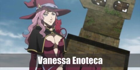 Vanessa wears a sexy lingerie-style bodysuit, stockings, and gloves in a burgundy shade. She also has a cape, pink hair, and a hat.