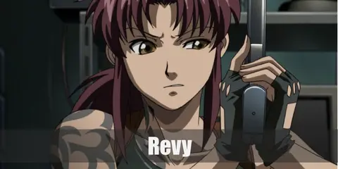 Revy's costume include a black tank top, denim shorts, boots, and toy guns. She has burgundy hair, too.