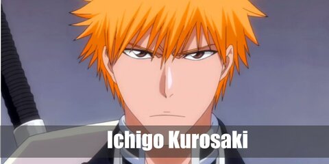 Ichigo Kurosaki’s costume is a black standard Shinigami kimono with white lining, black hakama pants, a white obi, white tabi socks, geta sandals, and an Ichigo half-hollow mask.