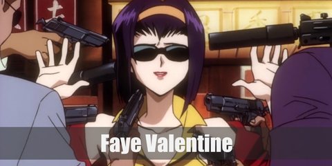 Faye Valentine's costume includes a yellow cropped top and shorts. She tops it with a red jacket and has a harness on her torso. Complete the costume with white boots, purple wig, and a headband.