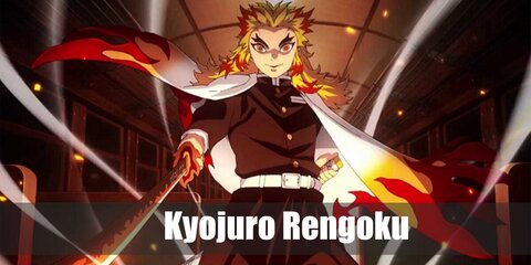 Kyojuro Rengoku’s costume is a demon slayer uniform set with a white belt, a haori cape with s white-yellow gradient and red flame ridges, red khayan leggings with yellow flames, brown socks, and geta sandals with red straps.