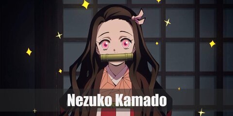Nezuko Kamado wears a pink and black layered kimono, sandals, and a bamboo on her lips. She has dark hair with orange fringes.