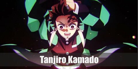 Tanjiro Kamado's costume features a checked green and black kimono on top of an all-black ensemble. He has a white belt and block socks with his slippers. Tanjiro also carries a sword and his hair is brownish-red that matches the color of his scar.