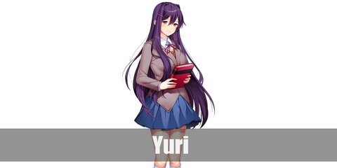 Doki Doki Literature Club's Yuri wears a school girl costume with a brown blazer, blue skirt, and thigh-high socks. She has purple hair. 