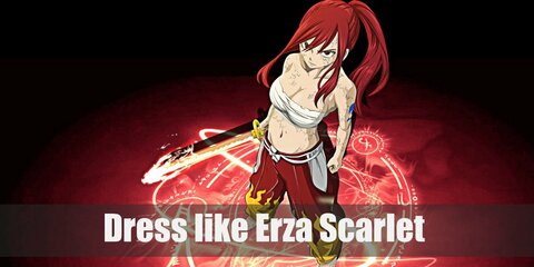 Paired with her twin samurai swords and a cute little ponytail on the top of her head, Erza’s look is truly unique and makes a great costume to cosplay at an event or party.