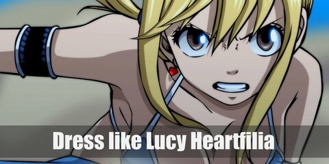 For Lucy Heartfilia costume you will needs a blue and white skirt and top set, long black boots, a blue bow, a magical key set, and a heart-ended whip.