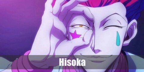 Hisoka's costume could be recreated by wearing a cropped top, pink fabric, and white pants. He also has red flaming hair as well as pink socks and purple shoes!