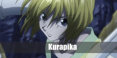  Kurapika’s costume is a special set consisting of an inner white long-sleeve shirt and white pants with an outer blue vest and a long blue skirt with yellow and gold trims, blue slip-on slippers, a special five-ring bracelet chain, and a pair of red crystal drop earrings.