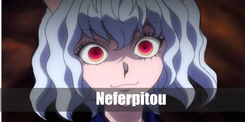  Neferpitou’s costume is a special set consisting of a navy blue college uniform with short leggings and high socks, cat ears and a tail, leather slip-on navy blue shoes, fake long fingernails, and a short wavy white anime wig.