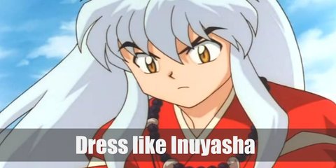Inuyasha costume is a red kimono set with matching trouses. He also has a beaded necklace, a samurai sword, long white mane, and dog ears. 