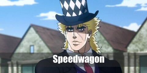 Speedwagon wears a white shirt and purple vest under his long coat. He also has blonde hair and a checkered top hat.