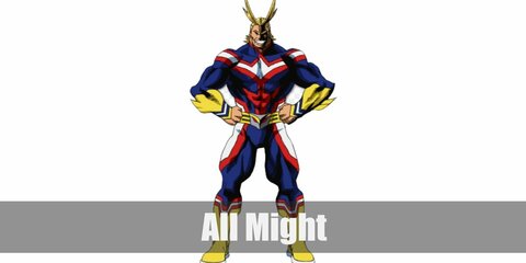  All Might’s costume is a typical spandex superhero costume in the colors red, white, yellow, and blue, yellow boots, and his iconic spiky blond hair.
