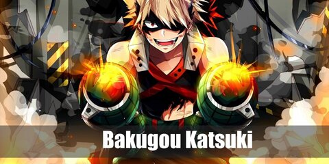 Bakugou Katsuki’s costume is  a Bakugou Katsuki pullover jacket, loose black pants, Bakugou boots, knee pads, a superhero mask, and a pair of Bakugou grenade gloves.'