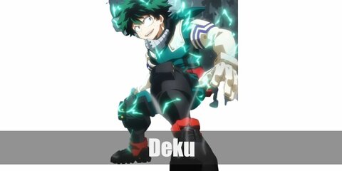 Deku’s costume is a green full body suit, white and black armor, a grey mask, and black boots.