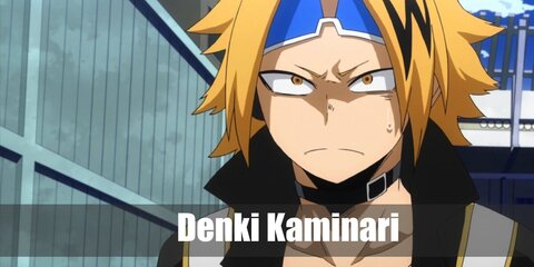 Denki’s costume is a plain white shirt, a black jacket with a white lightning pattern, black pants with white lines running down the legs, black shoes, a white utility belt, blue tint eyeglasses, and a square shape earphone.