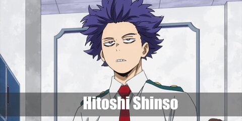  Hitoshi Shinso’s costume is a U.A. High School Gym shirt and pants, blue and white running shoes, a Hitoshi voice-altering mask, an anime hero scarf, and messy indigo-colored hair.