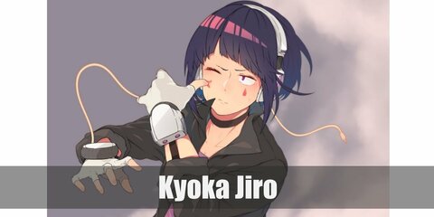 Kyoka Jiro’s outfit features a cropped jacket on top of a peach top and dark pants. She also has a head phone to complete her signature look.