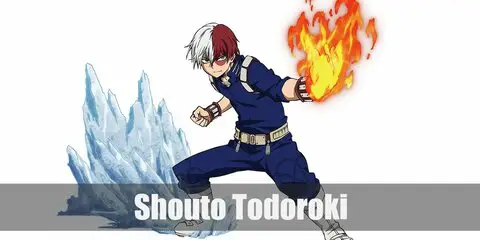 Shouto Todorki’s costume is either a blue long-sleeved coverall or a blue collared, long-sleeved top, blue pants, a khaki tool belt, white knee-high boots, brown arm bands, and a white wig.