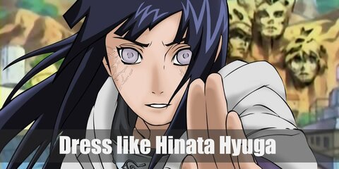 Hinata Hyuga costume is a loose fitting, lavender and cream hooded-jacket with lavender. She also wears navy blue pants, black, low-heeled sandals.