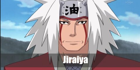  Jiraiya’s costume is  a sage green kimono tunic and trouser combo, arm guards and calf leggings, a kimono outercoat, a ninja headband, and Japanese red wooden clogs.
