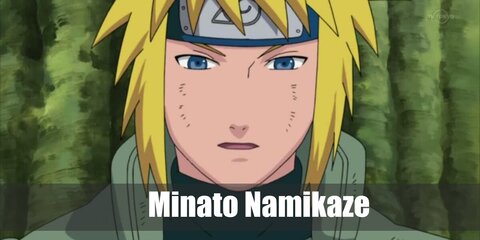  Minato Namikaze’s costume is a long-sleeved blue shirt, blue pants with white bandage wraps, a green vest, a ninja headband, black ninja shoes, and a fourth hokage cloak.