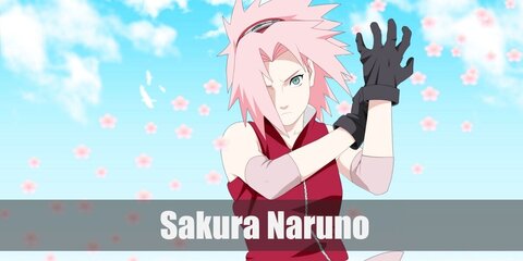 Sakura Haruno's costume has a red top, pink shorts, long leg warmers, and ninja sandals. She also has pink hair and a forehead protector with a red strap.