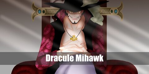 Dracule Mihawk's costume can be recreated with a maroon shirt, a vest, and a cloak. He also wears a hat, a necklace, and a pair of boots. Mihawk also sports pointy facial hair.