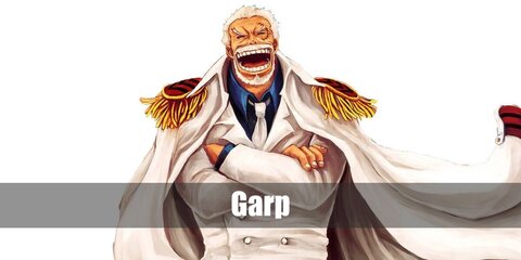 Monkey D. Garp wears a blue shirt under his all-white ensemble of a suit and coat. He has white hair and facial hair as well.