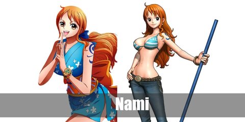  Nami’s costume is a flowery short blue silk kimono with a large orange ribbon tied at the back, a blue garter belt with a small blue ribbon, and tie-up ankle strap sandals.