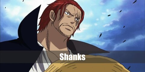  Shanks’s costume is an unbuttoned white button-down shirt, loose brown pants, a red pirate sash belt, black boots, and a black vampire cape.