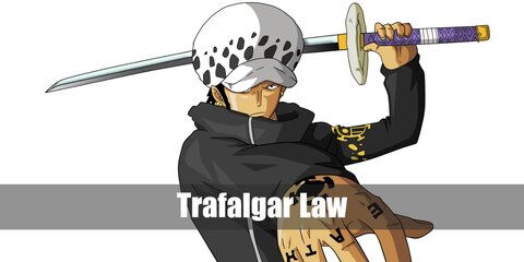 Trafalgar Law's  costume showcases a coat, his iconic hat, pants, and oxfords. He also has a sword with purple square stickers on the hilt complete with a tassel. 