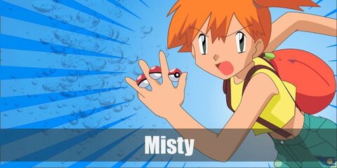  Misty’s costume is a yellow sleeveless cropped top, folded denim shorts, red suspenders, and red sneakers.