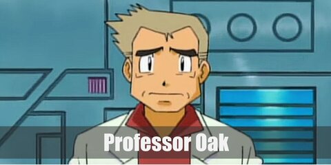 Professor Oak's costume has a red shirt, pants, and white lab coat.