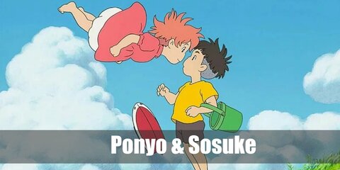  Ponyo and Sosuke’s costume is   a short red puff-sleeved dress, ruffled white bloomers, and red beach flip flops for Ponyo; and a gold yellow T-shirt, brown workout shorts, and light brown rubber flip flops for Sosuke.