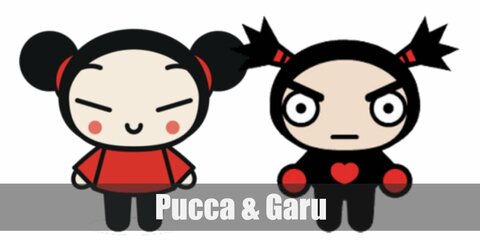 Pucca’s costume is a red tunic top, black pants, black shoes, and her black hair tied in twin buns with red ribbons. Garu’s costume it a black shirt with a red heart in the middle, black pants, black shoes, and red gloves.