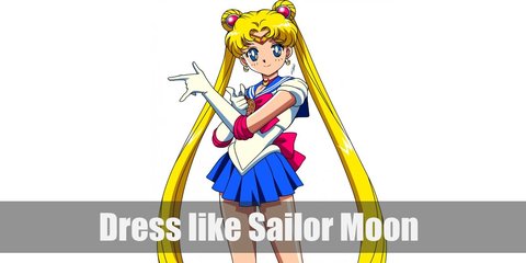  Sailor Moon’s outfit is inspired by a sailor’s uniform for the top, a blue mini skirt, hot pink heeled boots, and long, white fingerless gloves.  