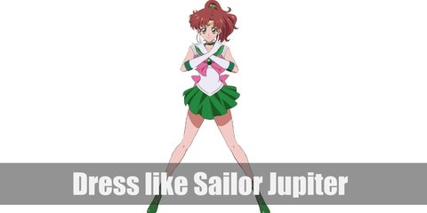Sailor Jupiter costume a white top with green accent and green skirt. Her outfit has a pink bow and she wears white gloves with green hem. She also wears a green ponytail, choker, and boots.