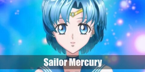 Sailor Mercury wears a white shirt with a bow, a blue skirt, and a pair of blue boots. She has blue hair and a pair of gloves.
