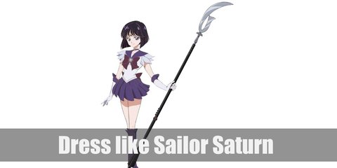 Sailor Saturn costume is a white top with purple collar and matching skater skirt. Her ribbon on the chest and at the back is plum. She wears a pair of gloves with purple hem and purple boots. Her hair is short and carries a scythe.