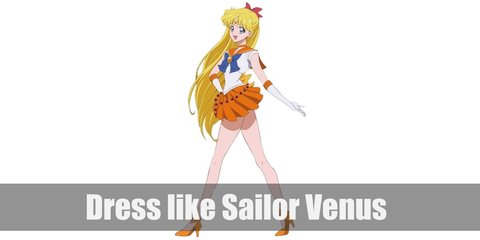 Sailor Venus costume is white blouse with yellow-orange collar cape and blue ribbon with matching yellow-orange skirt. She has a pink bow on her blonde hair and a red beaded belt.
