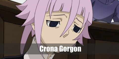  Crona’s costume is a special long-sleeved straight black dress with a super high collar and triple cuffs, white cuff crew socks, slip-on black leather shoes, and has short pink hair.