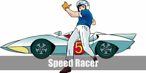  Speed Racer’s costume is a blue shirt, white pants, red socks, red shoes, yellow gloves, a white helmet with a letter ‘M’ on top. Trixie’s costume is a pink sleeveless top with a letter ‘M’, red pants, pink shoes, and a yellow hair bow.