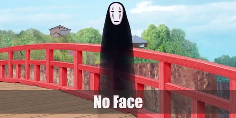  No-Face costume is wearing black robes from head to foot, and wears a white oblong mask with black eyes and a black mouth.  