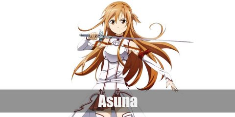 Asuna’s costume is  a red and white high-neck tube top, a long white half skirt with an inside red short skirt, red strap sleeves, a white arm cover, a white leather breast plate, a white double belt, thigh-length white stockings, and a pair of white boots shoes.'