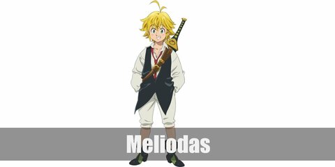  Meliodas’ costume is a white button-down, long-sleeved shirt, a black vest, white cropped pants, black boots, and a red tie. 