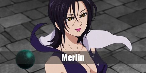  Merlin’s costume is a purple gothic coat, purple dance shorts, purple thigh-high boots, and has short purple hair.