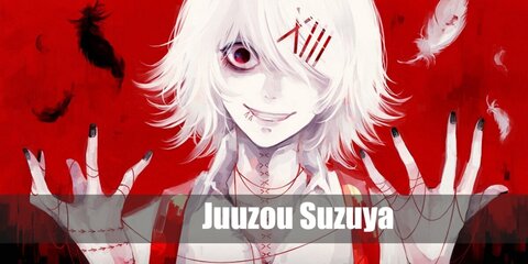 Juuzou Suzuya’s costume is a long-sleeved button-down white shirt, stretch black capri pants, a yellow with red print leg band warmer, special Juuzou Suzuya suspenders and tattoos, red clog slippers, and a short white wig with red hairpins.