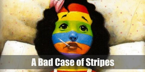 Camilla's costume from A Bad Case of Stripes features a painted face and matching rainbow shirt and tights. Top it off with a white camisole and pink ribbons on the hair.