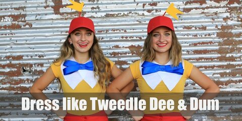Tweedle Dee and Tweedle Dum costume is bright yellow shirts with white collars and a light blue bow tie. They also pair it with bright red pants and a bright red cap with yellow propellers. 